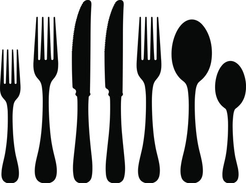 Dining Cutlery Silhouette Set in Black. Fork, Knife, Spoon Vector Collection for Kitchen Use.