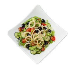 Delicious salad with squid rings, olives and vegetables isolated on white, top view