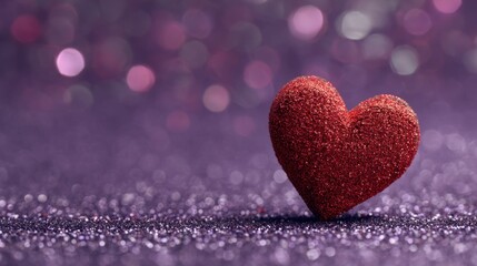 Obraz premium Red glitter heart with purple bokeh background, central composition and particle texture, shiny reflection and romantic glow for Valentine's Day and wedding celebration design