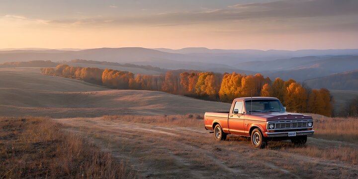 Vintage red pickup truck drives on a dirt road at sunset in autumn