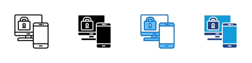 Fototapeta premium Multi Device Security Multiple Style Icon Design Vector - Computer and smartphone with padlock, representing multi-device security and account protection