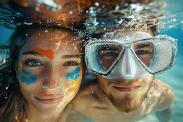 Couple enjoying underwater snorkeling with colorful face paint in clear blue water