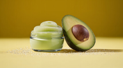 Avocado cut in half next to jar of creamy avocado moisturizer  