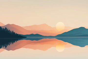 Obraz premium Sunrise over a calm lake in soft colors, Abstract expressionism, minimal flat design 01