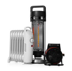 Different modern electric heaters isolated on white