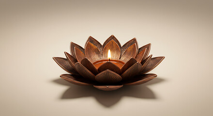 Handcrafted brown ceramic lotus flower shaped oil lamp lit with a warm flame on a beige background. Peaceful spiritual decor for meditation yoga and festivals symbolizing purity enlightenment and the 