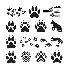 Collection of black animal paw prints and silhouettes of wolves and foxes on a white background Keywords: paw print, wolf, fox, animal tracks, silhouette, canine, wild animal, wild life, nature