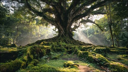 Fototapeta premium Ancient Bodhi tree with sprawling roots and thick moss-covered trunk, surrounded by shafts of light in a mystical jungle clearing, cinematic HDR look
