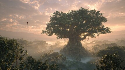 Giant Bodhi tree bathed in warm sunset glow, surrounded by dense foliage and soft mist, ultra-realistic cinematic lighting