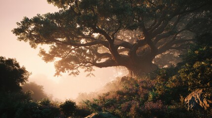 Giant Bodhi tree bathed in warm sunset glow, surrounded by dense foliage and soft mist, ultra-realistic cinematic lighting