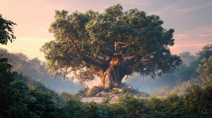 Giant Bodhi tree bathed in warm sunset glow, surrounded by dense foliage and soft mist, ultra-realistic cinematic lighting