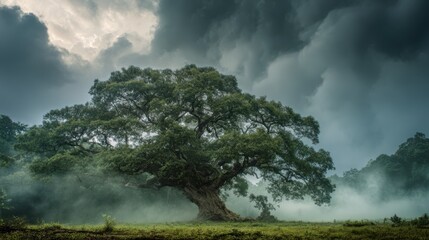 Giant Bodhi tree under dramatic sky, forest mist swirling around, cinematic HDR scene, high-definition natural lighting