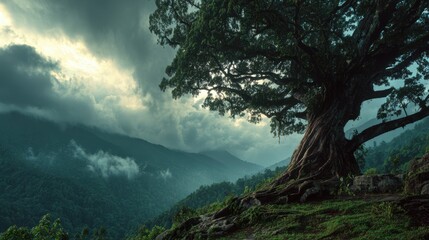 Giant Bodhi tree under dramatic sky, forest mist swirling around, cinematic HDR scene, high-definition natural lighting