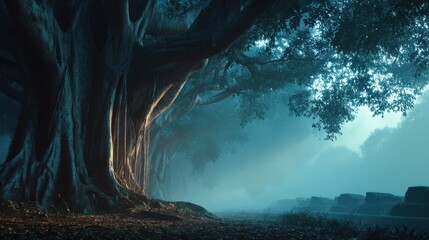 Giant Bodhi tree illuminated by rays of dawn light, dense fog rolling through the forest, cinematic atmosphere, high-resolution detail