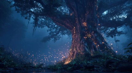 Majestic Bodhi tree surrounded by soft mist and glowing fireflies, deep forest mystery, high-resolution cinematic scene