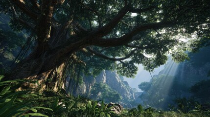 Wide shot of a Bodhi tree in a lush jungle valley, dramatic lighting with god rays and deep shadows, movie-grade atmosphere