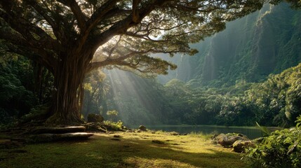 Wide shot of a Bodhi tree in a lush jungle valley, dramatic lighting with god rays and deep shadows, movie-grade atmosphere