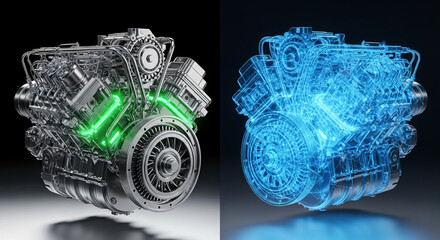 A detailed view of a car engine, showcasing its mechanical components and intricate design, with glowing elements
