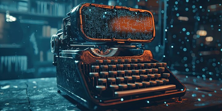 Worn-down typewriter merging with futuristic VR headset, keys replaced by algorithmic glyphs, concept of analog meets digital intelligence 