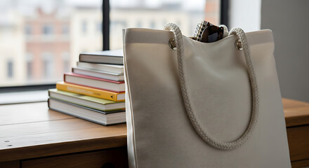 A stylish off-white tote bag rests on a wooden surface next to a stack of books, with a city building visible in the blurred background