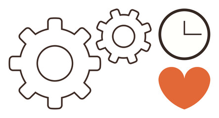 Gears symbolizing efficiency, clock denoting time, and heart representing passion and care. Ideal for productivity, teamwork, time management, efficiency, emotion passion motivation. Simple flat