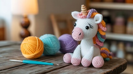 Handmade crocheted unicorn toy with colorful yarn and crochet hook