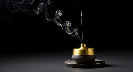 Incense stick burning in a minimalist black and gold holder with a thick trail of white smoke. Spiritual aromatherapy concept for meditation yoga and zen home atmosphere against a dark background for 