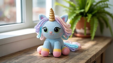 Cute handmade crochet unicorn toy with rainbow mane and golden horn