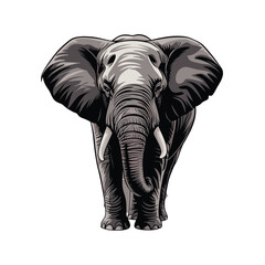 Elephant front view T-shirt Design. Powerful African wild animal. Large tusks visible. Savannah creature illustration. Wildlife specie. Trunk and ears visible.