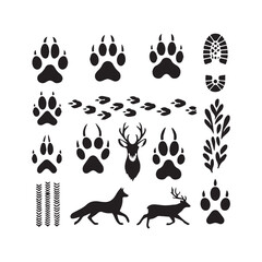 Fototapeta premium Combination of Animal Paw Prints Footprints Deer and Wolf Silhouettes Boot Print and Plant on White Background