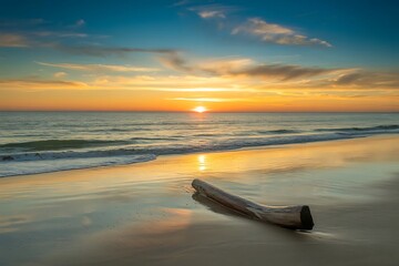 Peaceful ocean sunset with driftwood on a sandy beach