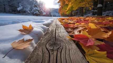 Split image showing autumn leaves and winter snow on a wooden fence post
