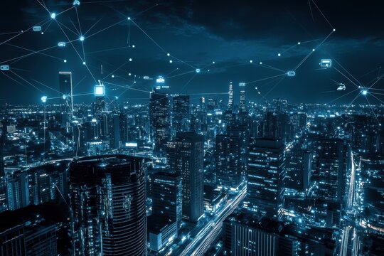 Urban skyline illuminated at night with digital connectivity and technology overlay