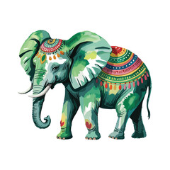 Obraz premium Stylized green elephant adorned with traditional Indian decorations T-shirt Design. Ornate pachyderm with colorful patterns, perfect for cultural apparel and prints.
