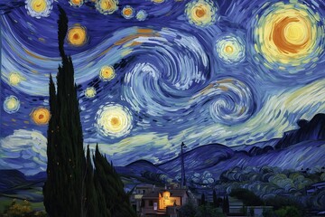 Impressionistic night sky with swirling stars and a crescent moon