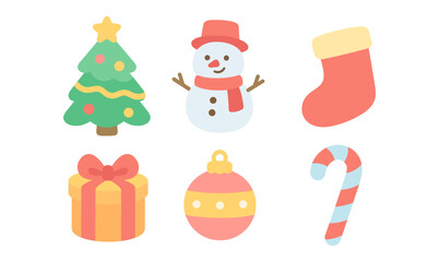 Festive flat design christmas icons including tree, snowman, and candy cane