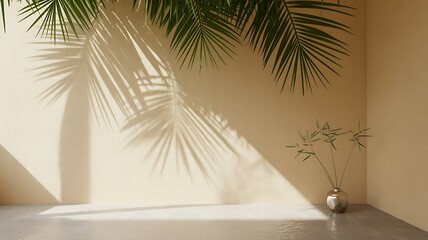 Palm frond shadows cast on a neutral wall with a small potted plant