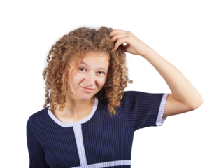 Confused teenage girl with curly hairstyle pondering as scratches her head looking perplexed to camera. Frizzy young woman adolescent isolated on transparent background