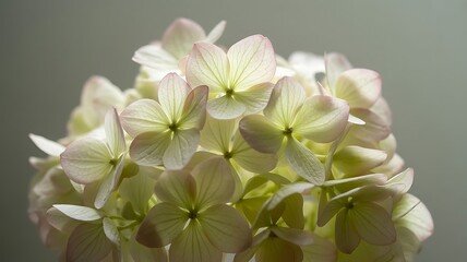 Close up of delicate white hydrangea flower cluster with soft lighting