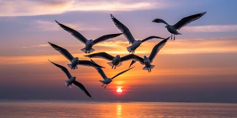 Flock of seagulls flying at sunset over the ocean