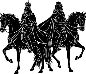 Abstract Black Silhouettes of King and Queen on Horseback