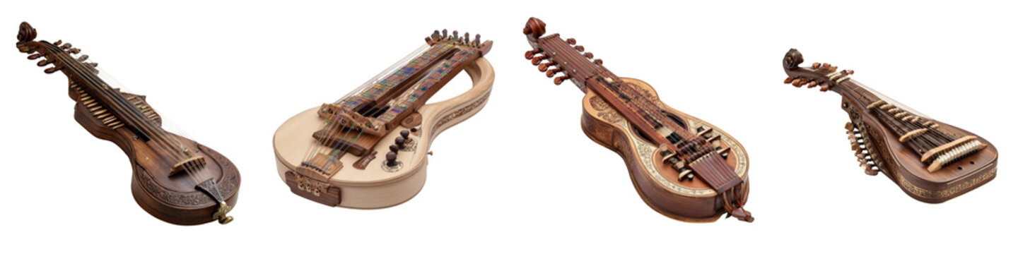 Traditional string instruments beautifully arranged on transparent background