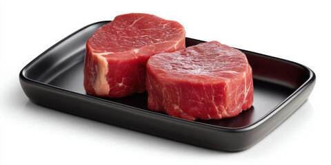 Lean Prime Beef Tenderloin medallions, in a minimalist, glossy black tray. Pure white background.