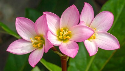 Close-up of three vibrant pink flowers with yellow centers against a green background