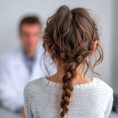 The girl feels depressed, unhappy and hopeless, needs help. At the doctor's appointment. View from the doctor's back. White background