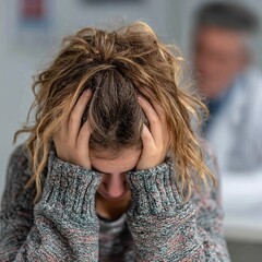 The girl feels depressed, unhappy and hopeless, needs help. At the doctor's appointment. View from the doctor's back. White background