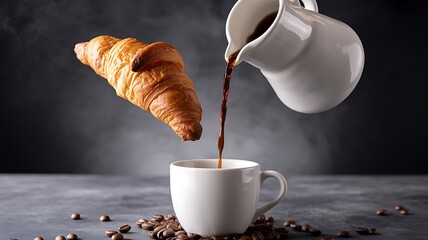 Croissant and coffee pouring into cup against dark background