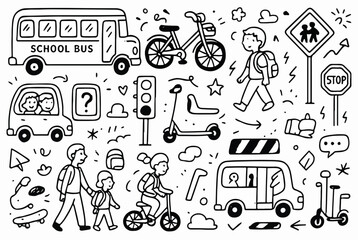 Hand-drawn Doodle Style Vector Set of School Transport Alternatives, Black Outline Sketch Illustrations, Ideal for Both Digital and Print Use
