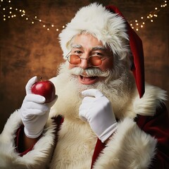 Santa claus holding a red apple with a festive background