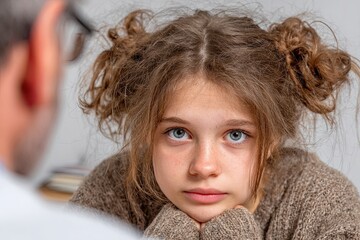 The girl feels depressed, unhappy and hopeless, needs help. At the doctor's appointment. View from the doctor's back. White background